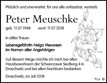Traueranzeige von Peter Meuschke von Mitteldeutsche Zeitung Zeitz