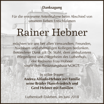Traueranzeige von Rainer Hebner von Wochenspiegel Mansfelder Land