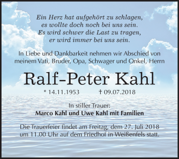 Traueranzeige von Ralf-Peter kahl von Mitteldeutsche Zeitung Weißenfels