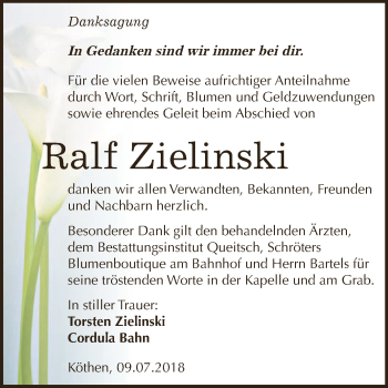 Traueranzeige von Ralf Zielinski von WVG - Wochenspiegel Dessau / Köthen