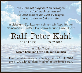 Traueranzeige von Ralf Peter Kahl von WVG - Wochenspiegel NMB / WSF / ZTZ