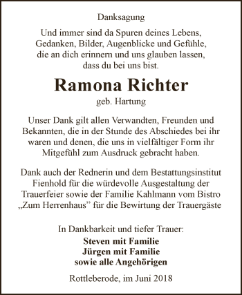 Traueranzeige von Ramona Richter von Super Sonntag SGH Mansf. Land