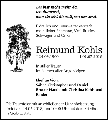 Traueranzeige von Reimund Kohls von Mitteldeutsche Zeitung Bernburg