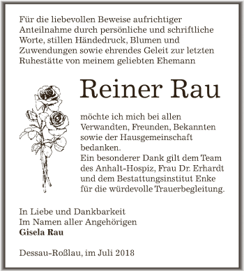 Traueranzeige von Reiner Rau von WVG - Wochenspiegel Dessau / Köthen