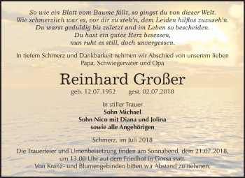 Traueranzeige von Reinhard Großer von WVG - Wochenspiegel Bitterfeld