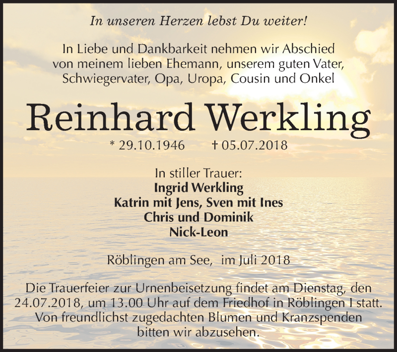  Traueranzeige für Reinhard Werkling vom 18.07.2018 aus Mitteldeutsche Zeitung
