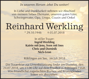 Traueranzeige von Reinhard Werkling von Mitteldeutsche Zeitung