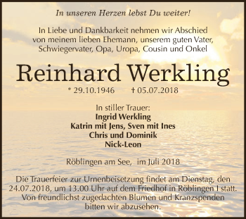 Traueranzeige von Reinhard Werkling von Wochenspiegel Mansfelder Land