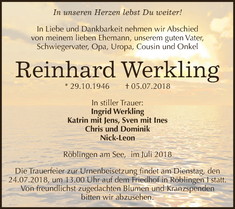  Traueranzeige für Reinhard Werkling vom 18.07.2018 aus Wochenspiegel Mansfelder Land