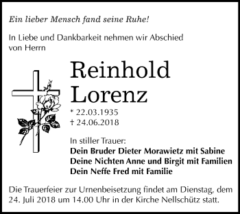 Traueranzeige von Reinhold Lorenz von Mitteldeutsche Zeitung Weißenfels