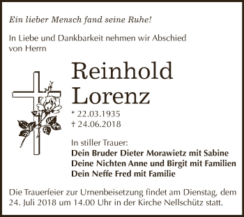 Traueranzeige von Reinhold Lorenz von WVG - Wochenspiegel NMB / WSF / ZTZ