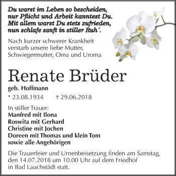 Traueranzeige von Renate Brüder von Mitteldeutsche Zeitung Merseburg/Querfurt