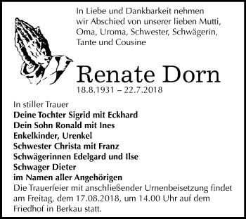 Traueranzeige von Renate Dorn von Mitteldeutsche Zeitung