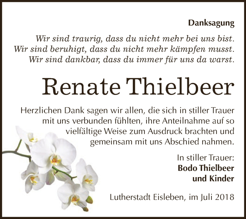  Traueranzeige für Renate Thielbeer vom 18.07.2018 aus Wochenspiegel Mansfelder Land