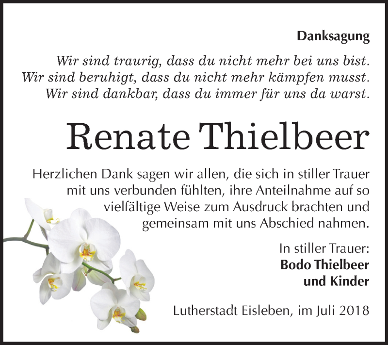  Traueranzeige für Renate Thielbeer vom 18.07.2018 aus Mitteldeutsche Zeitung