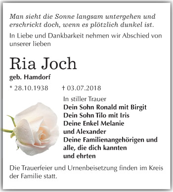 Traueranzeige von Ria Joch von Mitteldeutsche Zeitung Bitterfeld