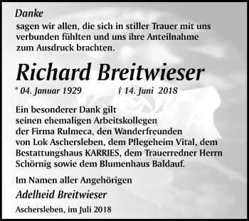 Traueranzeige von Richard Breitwieser von Mitteldeutsche Zeitung Aschersleben