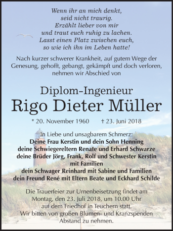 Traueranzeige von Rigo Dieter Müller von Mitteldeutsche Zeitung