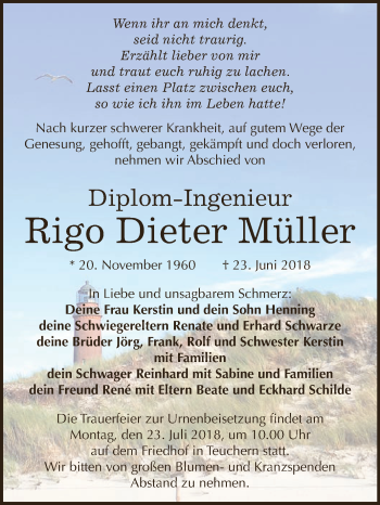 Traueranzeige von Rigo Dieter Müller von WVG - Wochenspiegel NMB / WSF / ZTZ