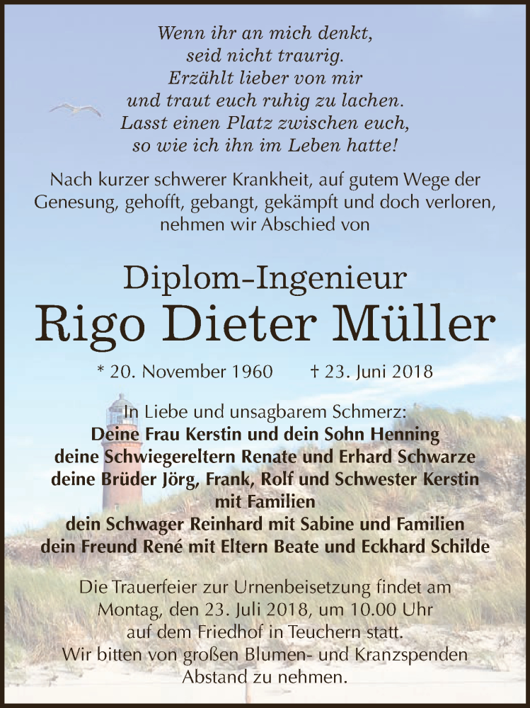  Traueranzeige für Rigo Dieter Müller vom 04.07.2018 aus WVG - Wochenspiegel NMB / WSF / ZTZ