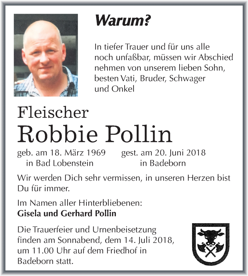  Traueranzeige für Robbie Pollin vom 07.07.2018 aus Mitteldeutsche Zeitung Quedlinburg