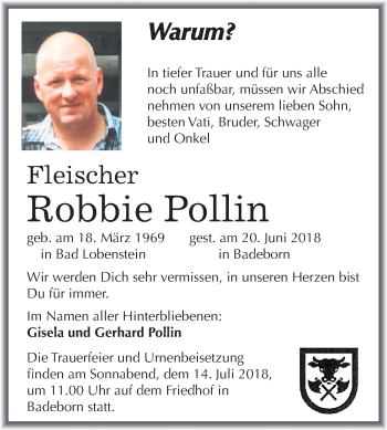 Traueranzeige von Robbie Pollin von Mitteldeutsche Zeitung Quedlinburg