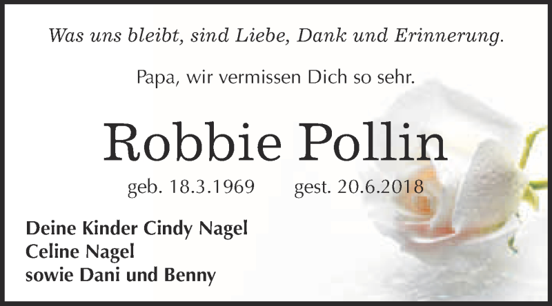  Traueranzeige für Robbie Pollin vom 11.07.2018 aus Super Sonntag Quedlinburg