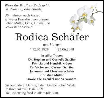 Traueranzeige von Rodica Schäfer von Super Sonntag Wittenberg