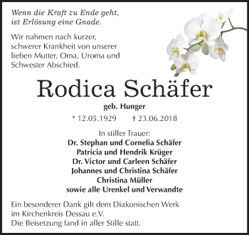 Traueranzeige von Rodica Schäfer von Mitteldeutsche Zeitung Dessau-Roßlau
