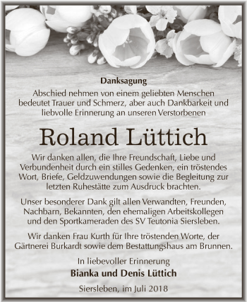 Traueranzeige von Roland Lüttich von Super Sonntag SGH Mansf. Land