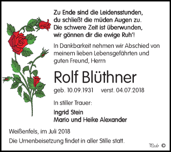 Traueranzeige von Rolf Blüthner von Mitteldeutsche Zeitung Weißenfels