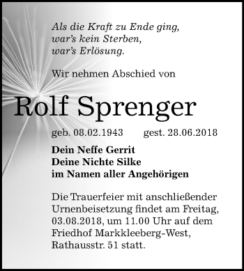 Traueranzeige von Rolf Sprenger von Mitteldeutsche Zeitung
