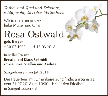 Traueranzeige von Rosa Ostwald von WVG - Wochenspiegel SGH