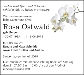Traueranzeige von Rosa Ostwald von Mitteldeutsche Zeitung Sangerhausen