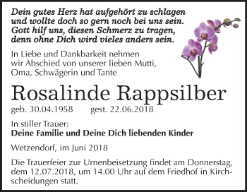 Traueranzeige von Rosalinde Rappsilber von Mitteldeutsche Zeitung