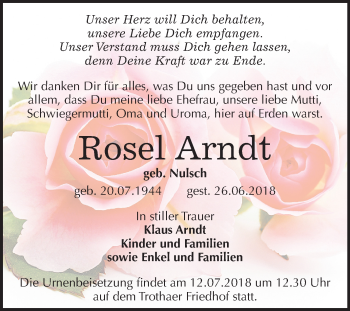 Traueranzeige von Rosel Arndt von Mitteldeutsche Zeitung Halle/Saalkreis