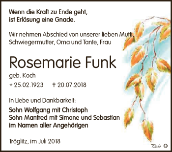Traueranzeige von Rosemarie Funk von Super Sonntag Zeitz