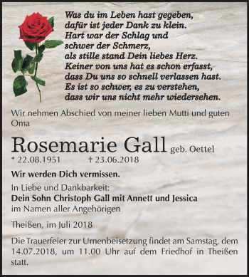 Traueranzeige von Rosemarie Gall von Mitteldeutsche Zeitung Zeitz