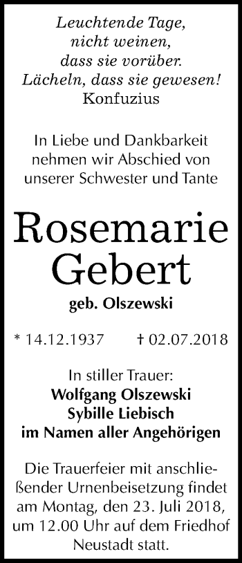 Traueranzeige von Rosemarie Gebert von Mitteldeutsche Zeitung Halle/Saalkreis