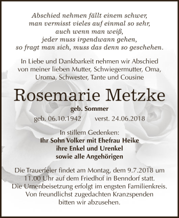 Traueranzeige von Rosemarie Metzke von Wochenspiegel Mansfelder Land