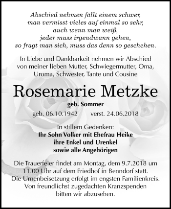 Traueranzeige von Rosemarie Metzke von Mitteldeutsche Zeitung
