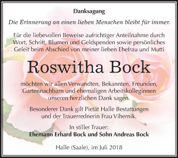 Traueranzeige von Roswitha Bock von Mitteldeutsche Zeitung Halle/Saalkreis