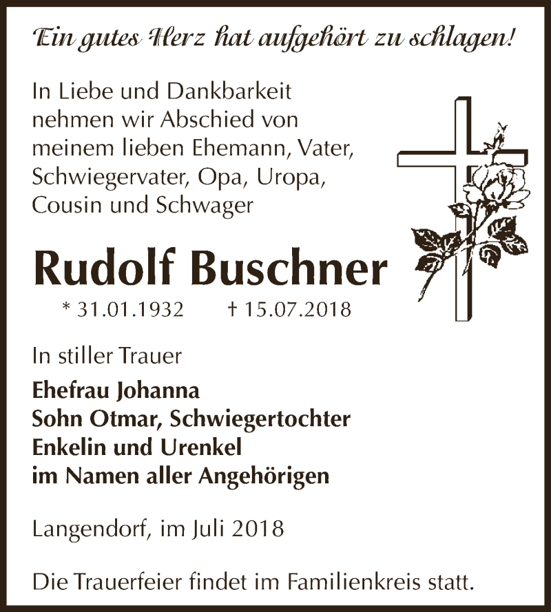  Traueranzeige für Rudolf Buschner vom 21.07.2018 aus Super Sonntag Zeitz