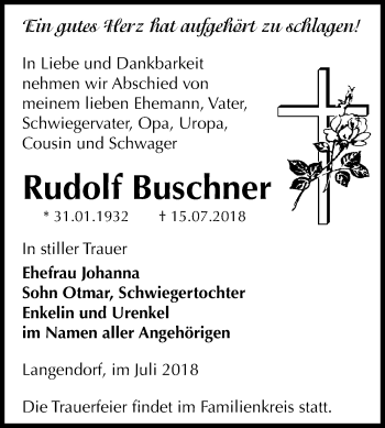 Traueranzeige von Rudolf Buschner von Mitteldeutsche Zeitung Zeitz