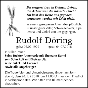 Traueranzeige von Rudolf Döring von Mitteldeutsche Zeitung