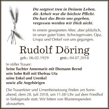 Traueranzeige von Rudolf Döring von Super Sonntag SGH Mansf. Land