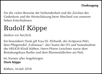 Traueranzeige von Rudolf Köppe von Mitteldeutsche Zeitung Köthen