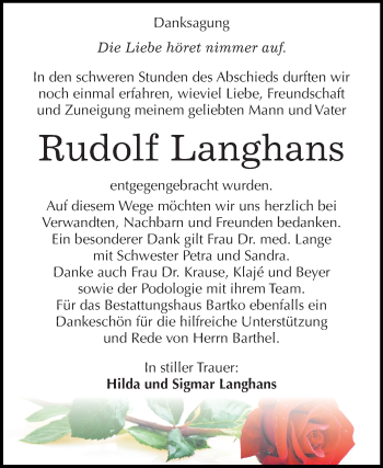 Traueranzeige von Rudolf Langhans von Mitteldeutsche Zeitung Köthen
