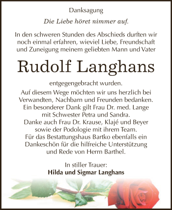Traueranzeige von Rudolf Langhans von WVG - Wochenspiegel Dessau / Köthen