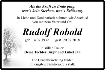 Traueranzeige von Rudolf Robold von Mitteldeutsche Zeitung Quedlinburg